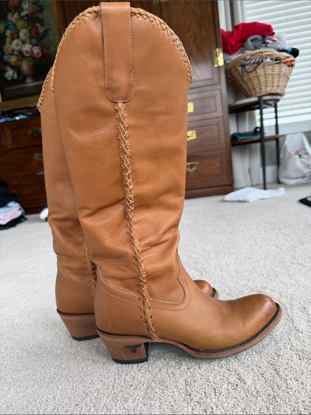 Women's to the knee Braided-Trim Leather Boots in Tan - Picture 2 of 7